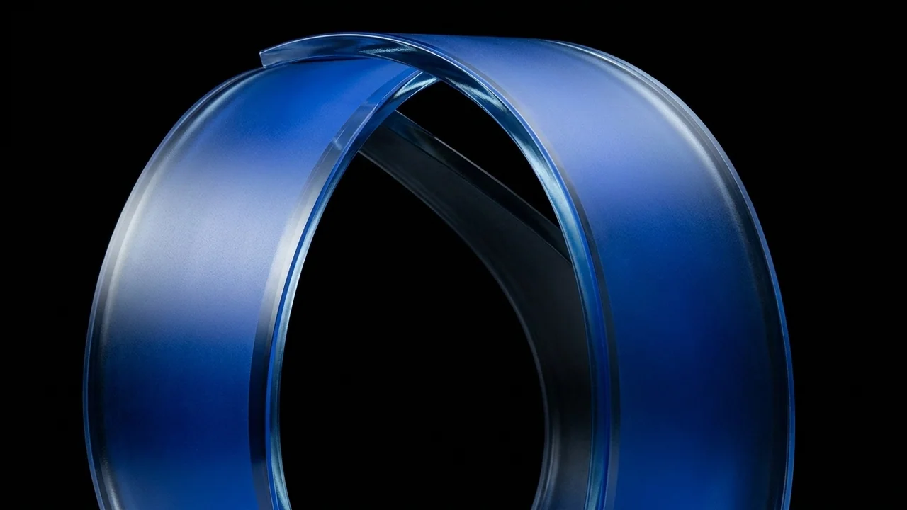 Curved cobalt-blue glass ribbons against black